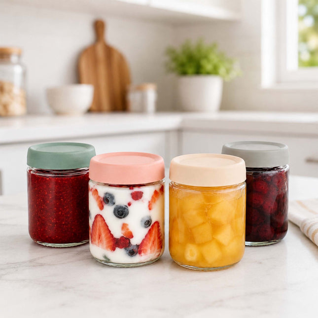 Set de 4 borcane de sticlă pentru gem, 450 ml, capace pastelate