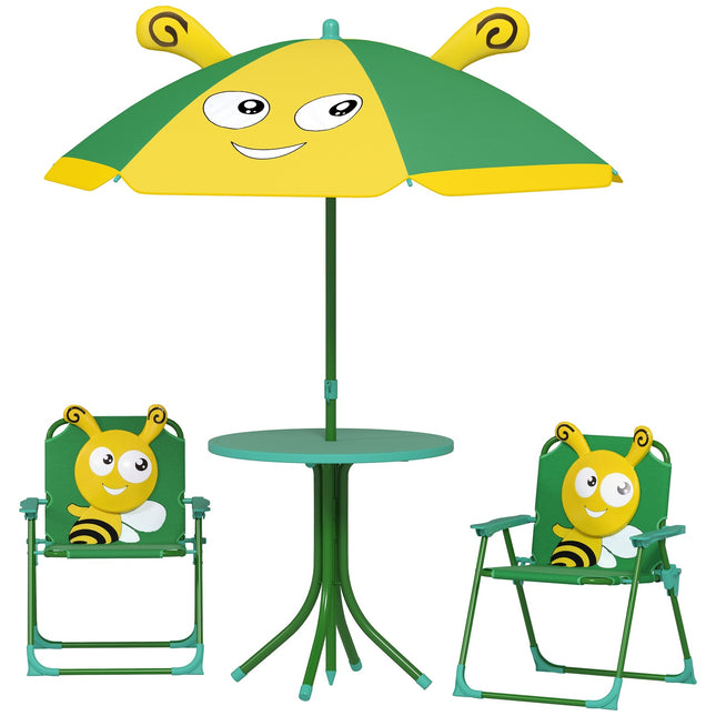 Set 4 seturi de scaune de gradina pentru copii cu 2 scaune pliante, umbrela de soare reglabila pe inaltime, masa de gradina, model albine pentru copii de 2-5 ani, verde |