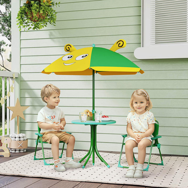 Set 4 seturi de scaune de gradina pentru copii cu 2 scaune pliante, umbrela de soare reglabila pe inaltime, masa de gradina, model albine pentru copii de 2-5 ani, verde |