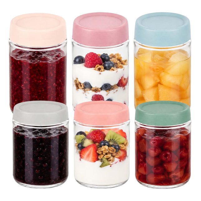Set de 6 borcane de sticlă pentru gem cu capace pastelate, 350 ml și 450 ml