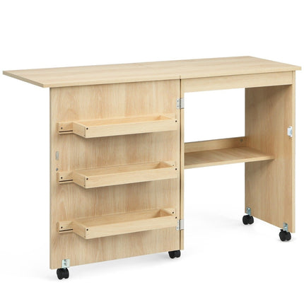 Sewing machine table foldable sewing table multi-purpose table with wheels light walnut