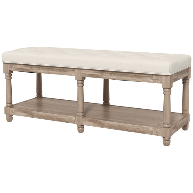 Shoe bench with storage, padded seat, wooden legs, cream