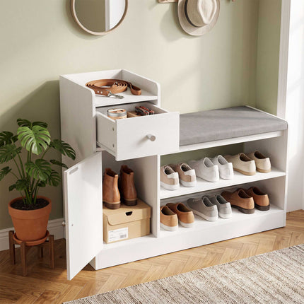 Shoe Bench with Seat Cushion, Drawer and 2 Open Shelves, White, 90 cm Wide