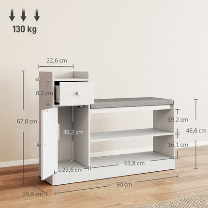 Shoe Bench with Seat Cushion, Drawer and 2 Open Shelves, White, 90 cm Wide
