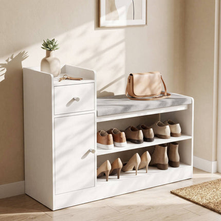 Shoe Bench with Seat Cushion, Drawer and 2 Open Shelves, White, 90 cm Wide