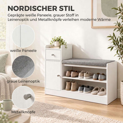 Shoe Bench with Seat Cushion, Drawer and 2 Open Shelves, White, 90 cm Wide