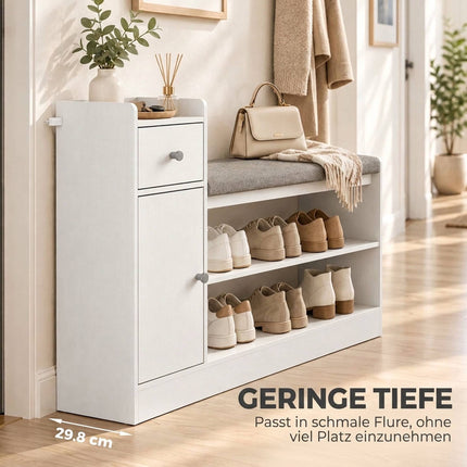 Shoe Bench with Seat Cushion, Drawer and 2 Open Shelves, White, 90 cm Wide