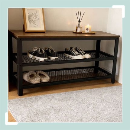 Shoe Bench with Seat and 2 Wire Shelves, Brown Top, Black Frame, 90 kg Load