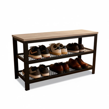 Shoe Bench with Seat and 2 Wire Shelves, Light Wood Top, Black Frame