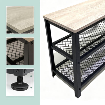 Shoe Bench with Seat and 2 Wire Shelves, Light Wood Top, Black Frame