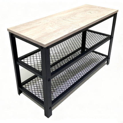 Shoe Bench with Seat and 2 Wire Shelves, Light Wood Top, Black Frame