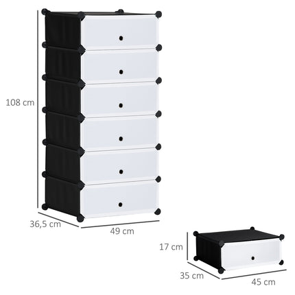 Raft pentru pantofi Raft din plastic pentru 6 perechi de pantofi Cutie pentru pantofi pentru hol Raft DIY Depozitare pantofi Negru + Alb 49 x 36,5 x 108 cm Aosom