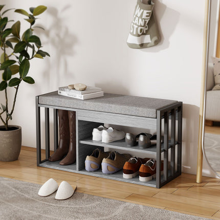 Bancă de depozitare pantofi cu pernă, design cu 3 niveluri, gri