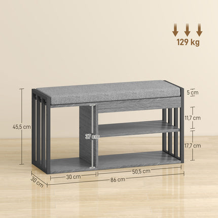 Bancă de depozitare pantofi cu pernă, design cu 3 niveluri, gri