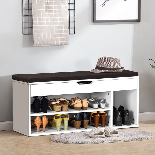 Bancă pentru pantofi comodă pentru pantofi suport pentru pantofi cu pernă de scaun lemn 104 x 48 x 30 cm alb/alb natural