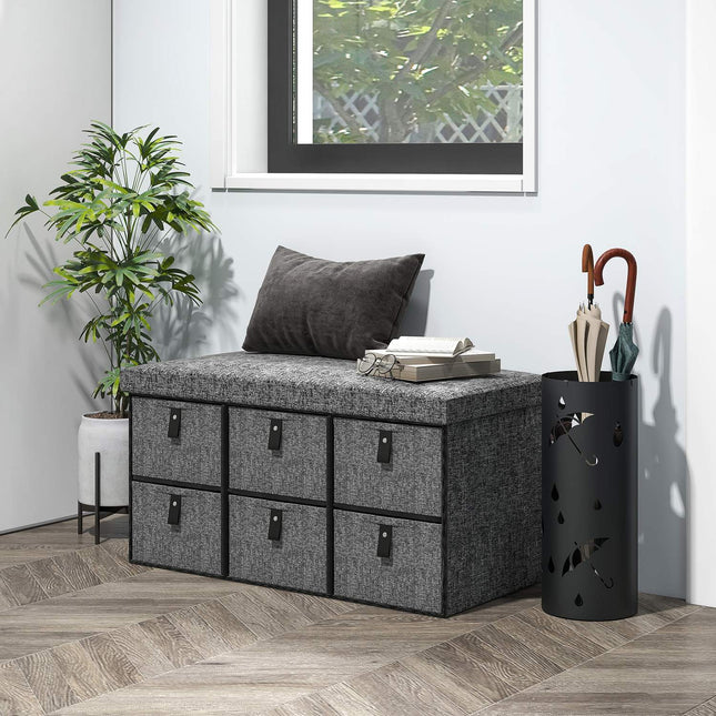 Bancă de pantofi cu 6 cutii, bancă, bancă dulap cu aspect de in, ladă pentru pantofi pentru 6 perechi de pantofi, pentru hol, hol, gri închis, 76,5 x 38 x 38 cm Aosom