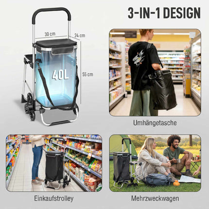 Cărucior de cumpărături, geantă Oxford 40L, design cu 3 roți, gri închis