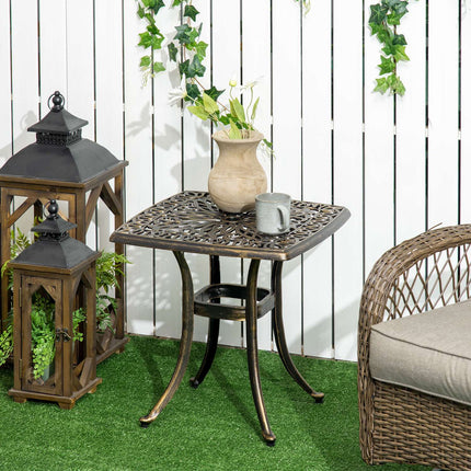 Patio side table with umbrella hole, aluminium, bronze