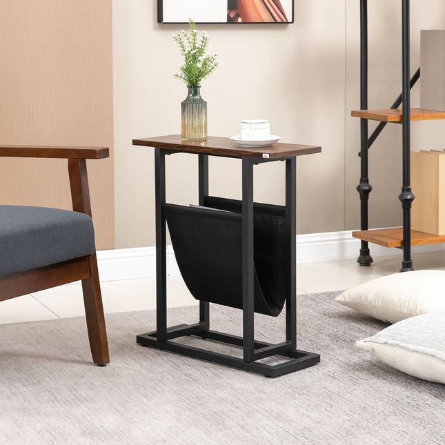 Masuta laterala masuta de cafea cu geanta de stofa si cadru de otel, noptiera pentru dormitor sau living, maro inchis si negru