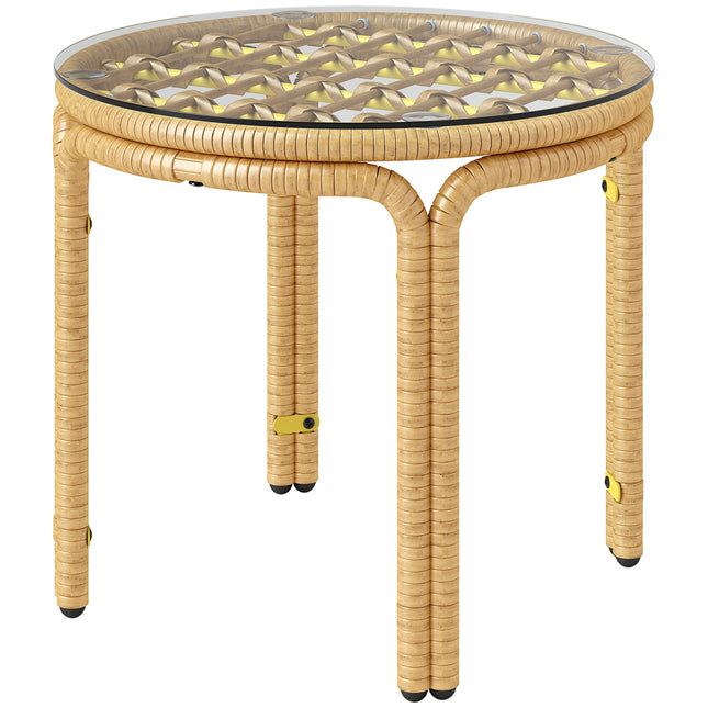 Masuta laterala din polyrattan, masuta de cafea rotunda cu blat din sticla, noptiera, masa de gradina, mobilier de gradina, masuta de cafea, masuta canapea pentru living, gradina, terasa, balcon, Ø50 cm, galben