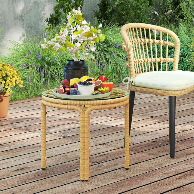 Masuta laterala din polyrattan, masuta de cafea rotunda cu blat din sticla, noptiera, masa de gradina, mobilier de gradina, masuta de cafea, masuta canapea pentru living, gradina, terasa, balcon, Ø50 cm, galben