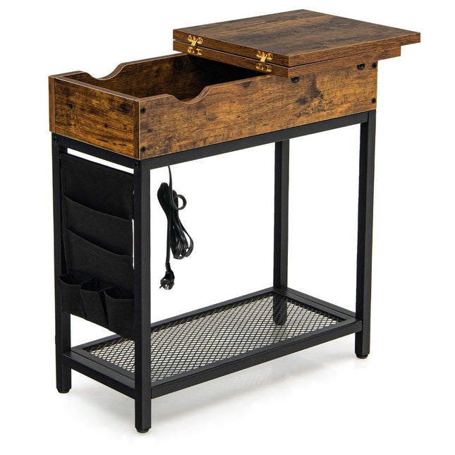 Masuta laterala cu statie de incarcare, masuta de cafea ingusta, 60 x 30 x 58,5 cm, maro