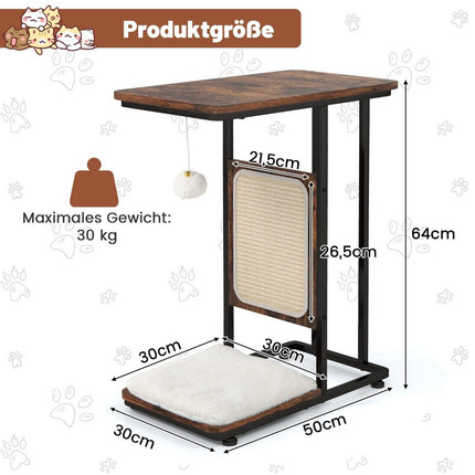 Masuta laterala cu placa de zgariat sisal 4 in 1 mobila pisici zgarietor pisici cu perna detasabila si bila 50 x 30 x 64 cm maro rustic
