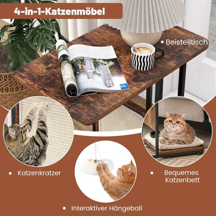 Masuta laterala cu placa de zgariat sisal 4 in 1 mobila pisici zgarietor pisici cu perna detasabila si bila 50 x 30 x 64 cm maro rustic