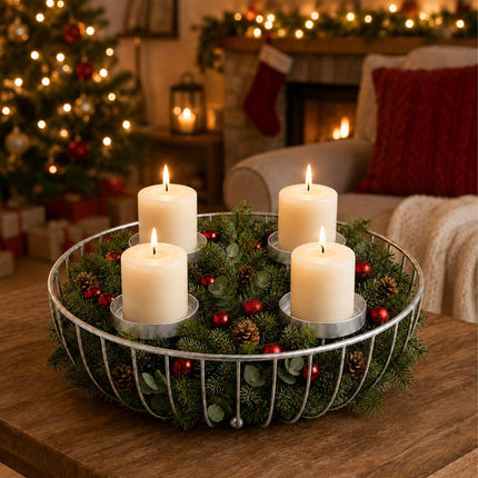 Bol metalic argintiu pentru coroană de Advent – ​​suport din oțel de 33 cm