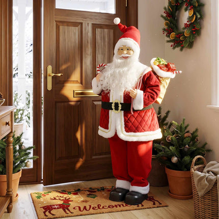 Singing Santa Figure 120 cm with Turning Head and Candy Cane, Gift Sack, Red