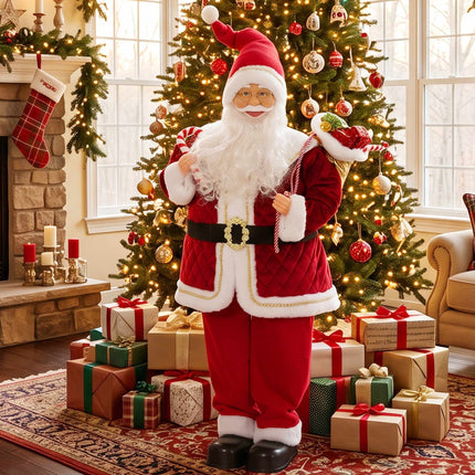 Singing Santa Figure 120 cm with Turning Head and Candy Cane, Gift Sack, Red