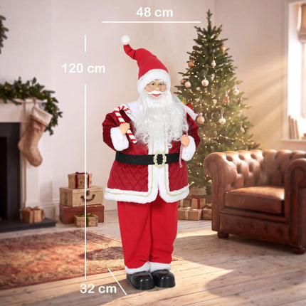 Singing Santa Figure 120 cm with Turning Head and Candy Cane, Gift Sack, Red