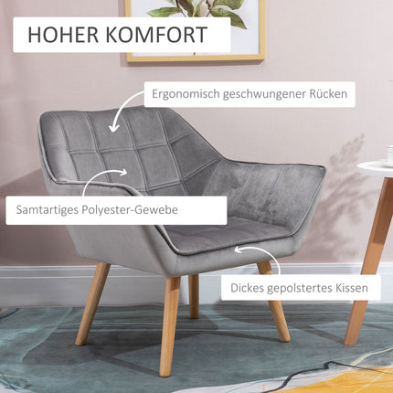 Velvet-like gray Scandinavian armchair, raised legs, 64 x 62 x 72.5 cm