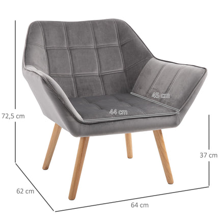 Velvet-like gray Scandinavian armchair, raised legs, 64 x 62 x 72.5 cm