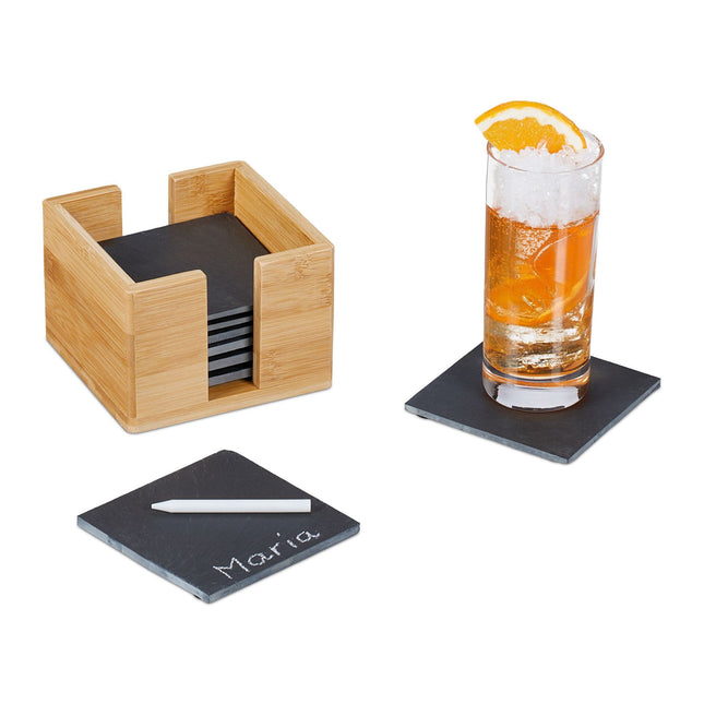 Coasters de ardezie, 8 buc, cutie de bambus