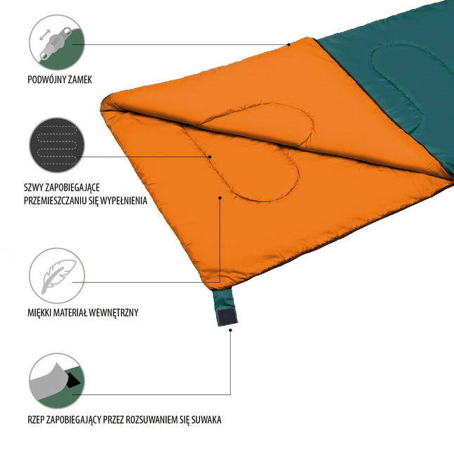 Sac de dormit, verde-portocaliu, usor, compact