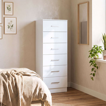 Slim Chest of 6 Drawers 40 x 40 x 110 cm with Anti-Tip Kit, White Wood Grain