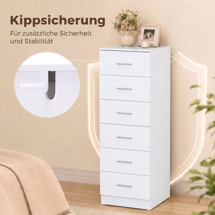 Slim Chest of 6 Drawers 40 x 40 x 110 cm with Anti-Tip Kit, White Wood Grain