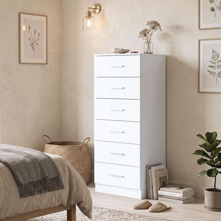 Slim Chest of 6 Drawers 40 x 40 x 110 cm with Anti-Tip Kit, White Wood Grain
