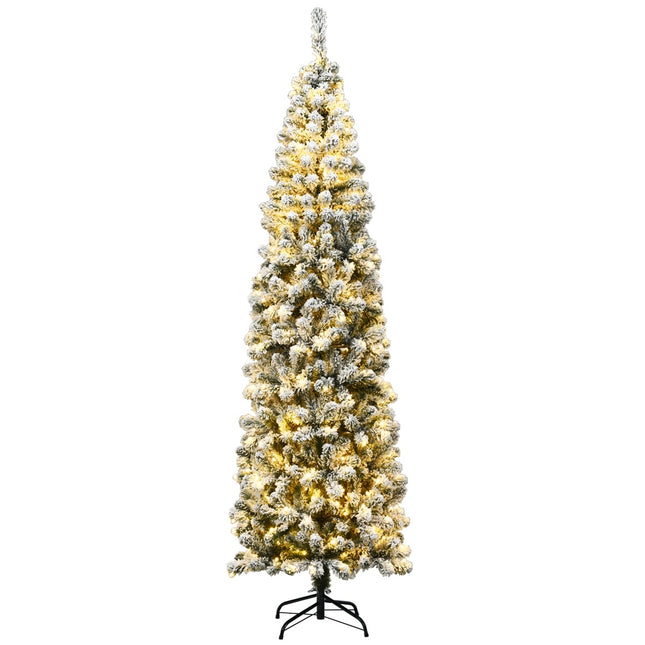 Brad de Crăciun subțire cu zăpadă, 225 cm, 350 de lumini LED