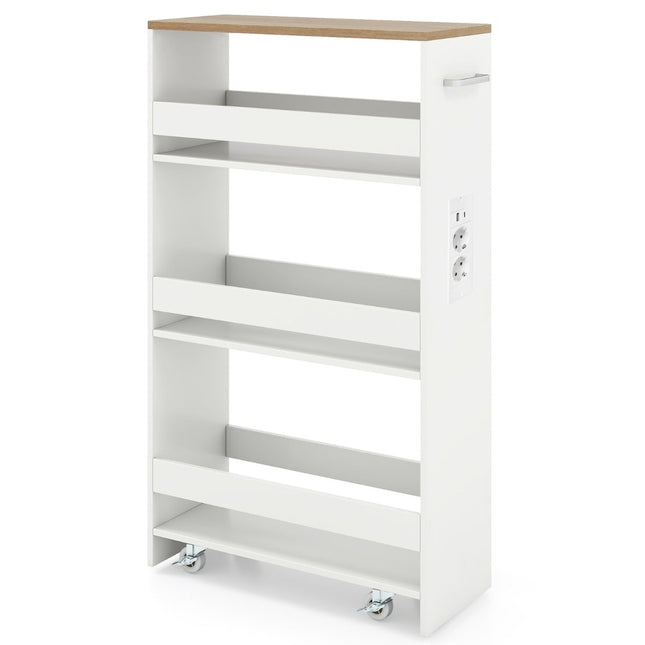 Cărucior de depozitare subțire cu roți – 4 niveluri, 20 cm, alb/natural