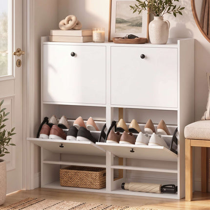 Slim Shoe Cabinet with 4 Flip-Down Compartments for 16 Pairs, White, 24 cm Deep