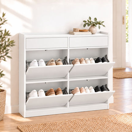 Slim Shoe Cabinet with 4 Tilt-Out Compartments and 2 Flaps, White, MDF