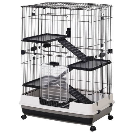 Cușcă pentru animale mici, 4 roți, 3 uși, 2 platforme, metal, neagră