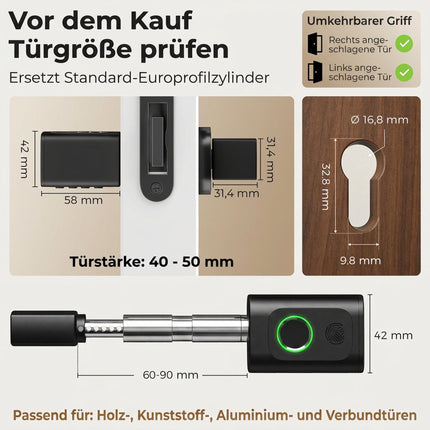 Smart Door Cylinder 5-in-1 with Fingerprint and App Unlock, NFC Card, Black