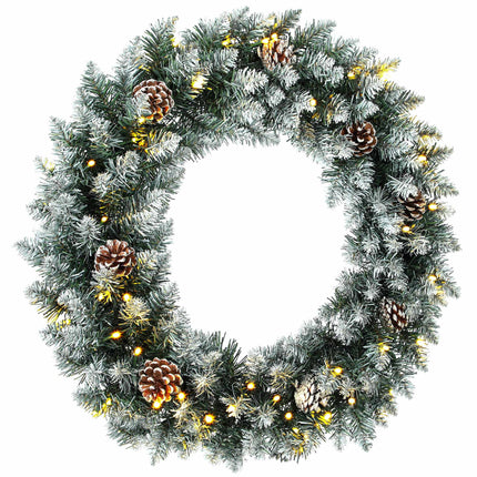 Snow-Flocked Christmas Wreath 60 cm with 50 LEDs, Pine Cones, 8 Light Modes