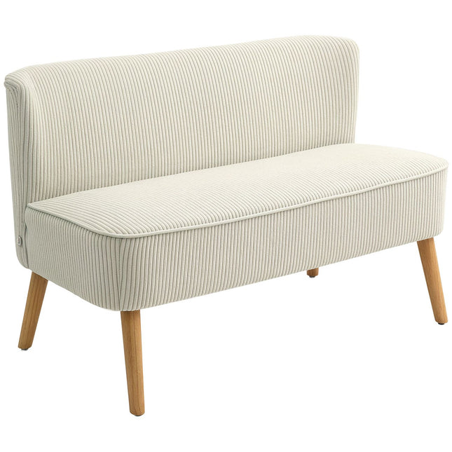 Canapea Canapea moderna 2 locuri fara cotiere, canapea tapitata cu aspect catifea, canapea mica lounge cu picioare din lemn pentru living, 117 x 56,5 x 77 cm, alb crem