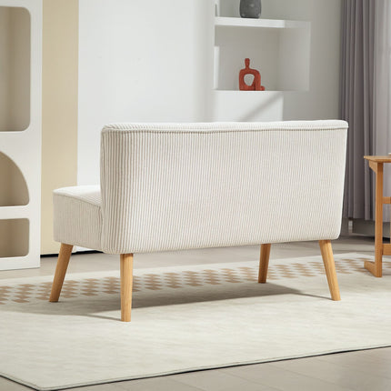 Canapea Canapea moderna 2 locuri fara cotiere, canapea tapitata cu aspect catifea, canapea mica lounge cu picioare din lemn pentru living, 117 x 56,5 x 77 cm, alb crem