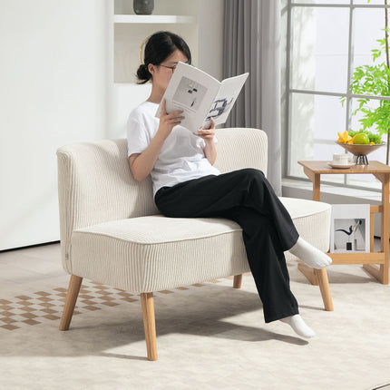 Canapea Canapea moderna 2 locuri fara cotiere, canapea tapitata cu aspect catifea, canapea mica lounge cu picioare din lemn pentru living, 117 x 56,5 x 77 cm, alb crem