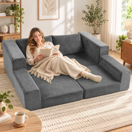 Sofa Bed 4-in-1 for 2 People, Foldable Sleeper Sofa, Grey, Back Cushions